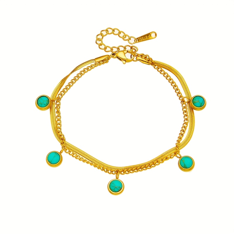 Boho Style Double Layer Turquoise Pendant Bracelet with Stainless Steel Chain