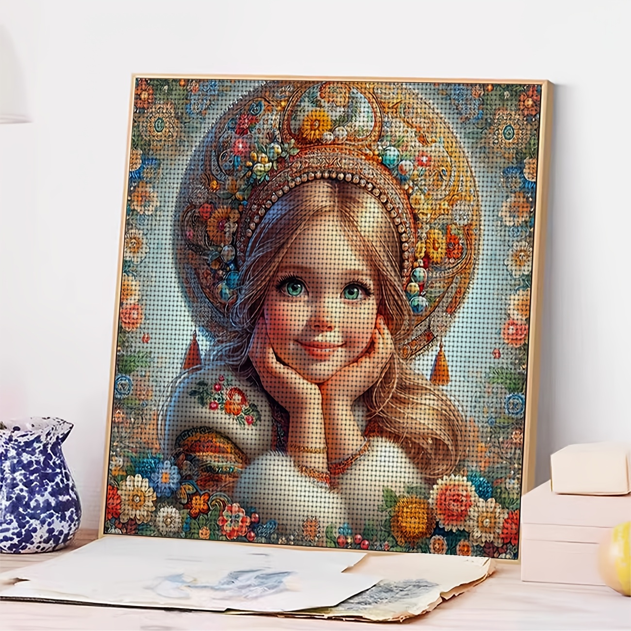 Frameless Cross-Stitch Printed Kit Featuring Blonde with Flower Adornment