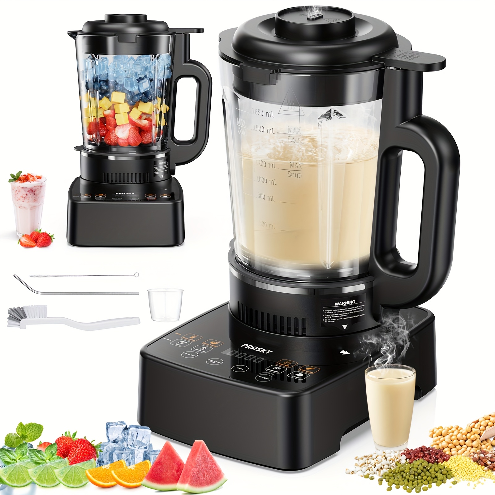 TEMU Prasky 10-in-1 Smart Blender - 60oz Glass Heating Blender & Soy Milk Maker, 24h Delay Timer, For Soups, Smoothies, Juices, , And Shakes