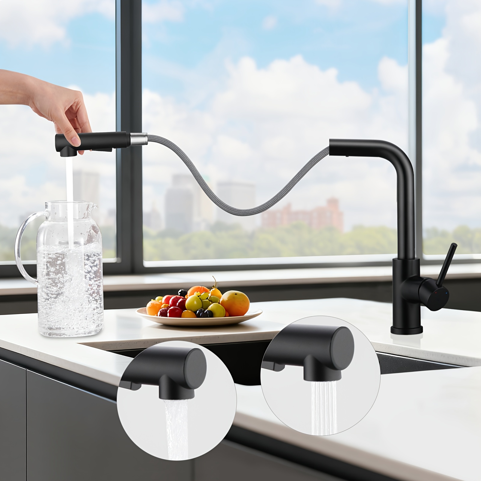 Pull-down Matte Black Kitchen Faucet Set, Heavy Duty Kitchen Faucet, 3-function Spray Head, 304 Stainless Steel Brushed Mixer Tap For Modern Kitchen Sink With Installation Kit