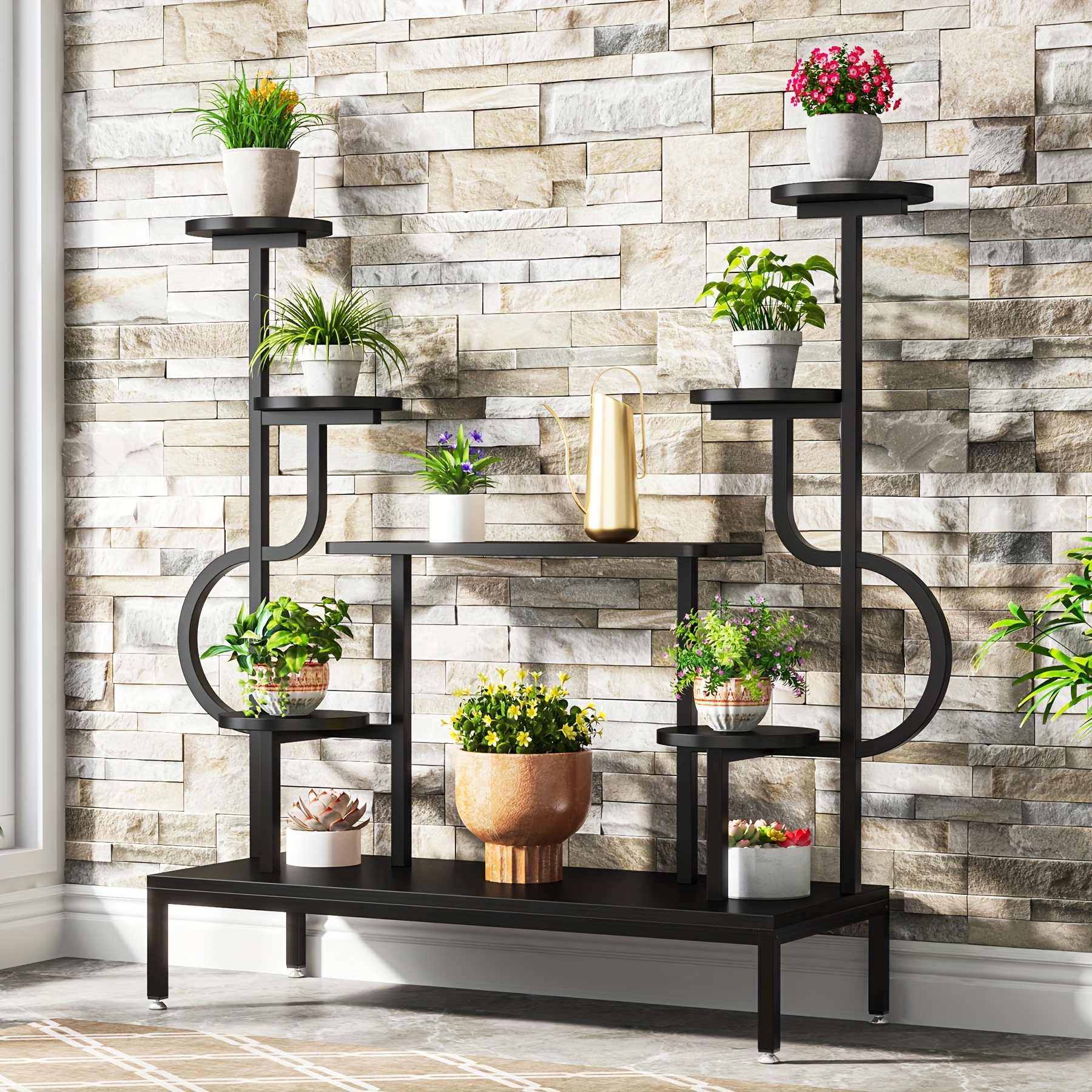 

Little Tree 8-tier Metal Plant Stand, Large Tall Plant Shelf For Multiple Plants, Round & Square Boards, Wood Indoor Ladder Holder Flower Rack For Living Room, Patio, Balcony