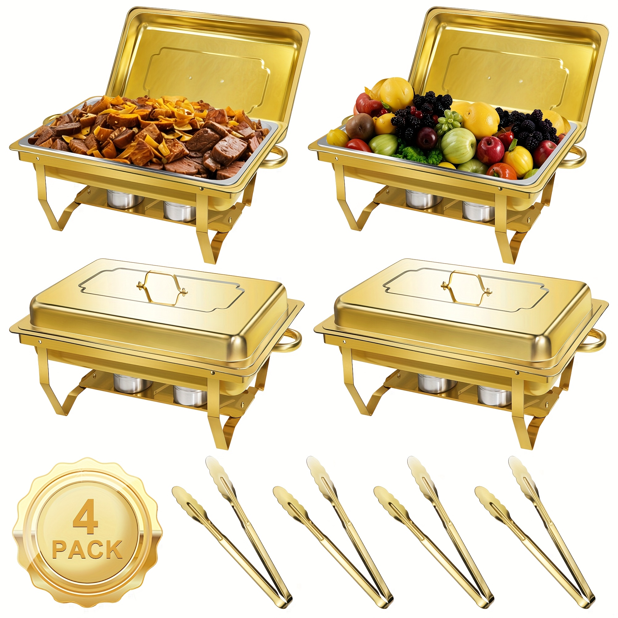 TEMU 4pcs Chafing Dishes For Buffet, 8qt Golden Chafing Dish Buffet Set Full Size, Stainless Steel Chafers And Buffet Warmers Sets With All-golden Serving Tongs, Food Warmers For Parties ( Cooking)