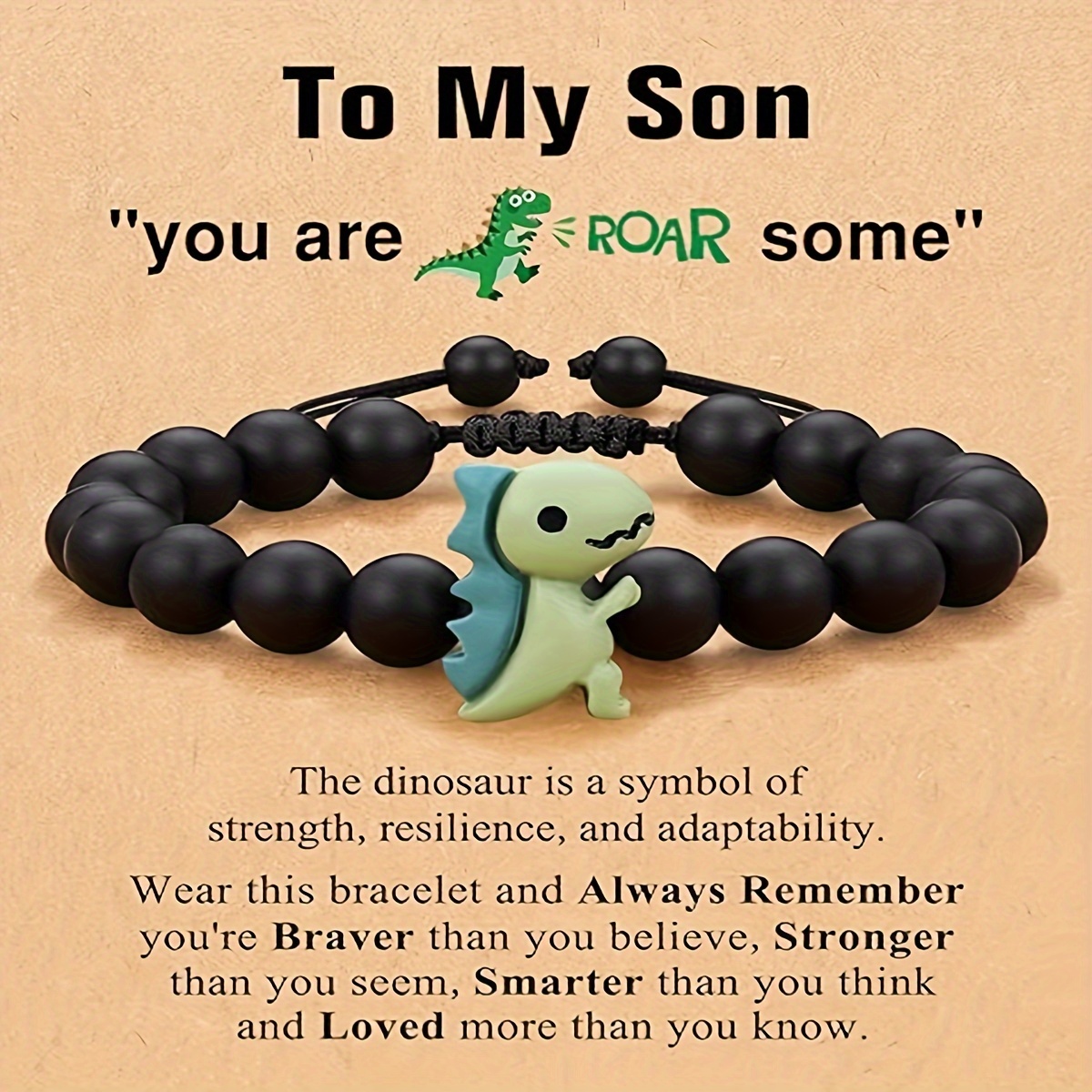 Cute Dinosaur Adjustable Bracelet With Black Beads - Perfect Gift For Son, Grandson, Nephew, Brother On First Day Of, Christmas, Birthday, Suitable For Women