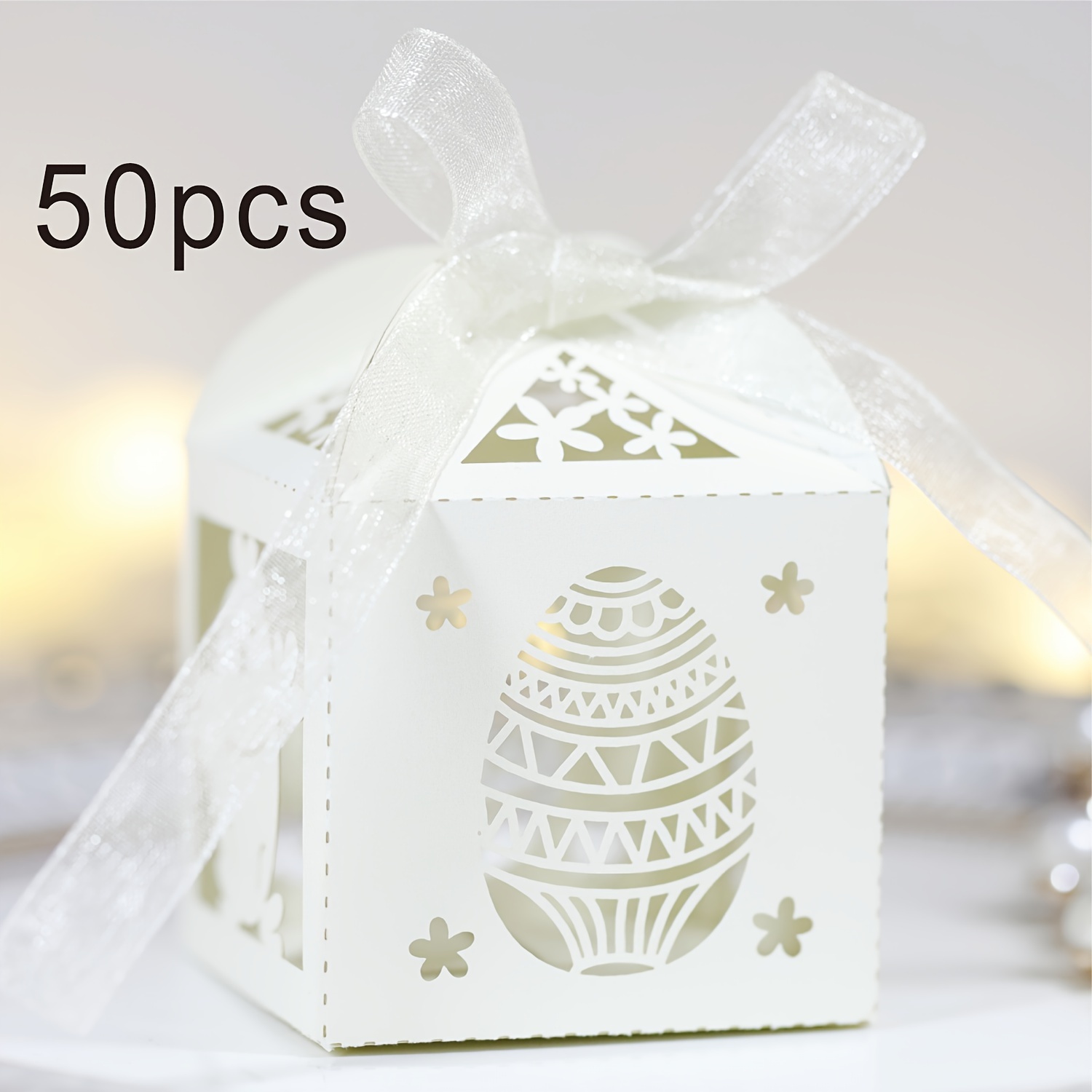 

50 Pcs Laser Cut Easter Bunny Candy Boxes With Ribbons, Paper Favor Boxes For Wedding, Bridal Shower, Birthday Party - Beige