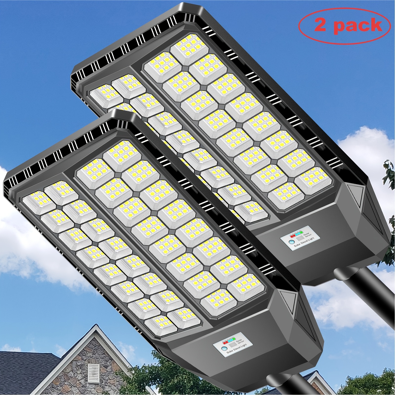 Adewalk 2pcs Solar Street, 20000mah Battery, (12x32 Bulbs), Abs Black Housing, , Abs Housing - Perfect For Outdoor Yard, Street, , Glass Lampshade