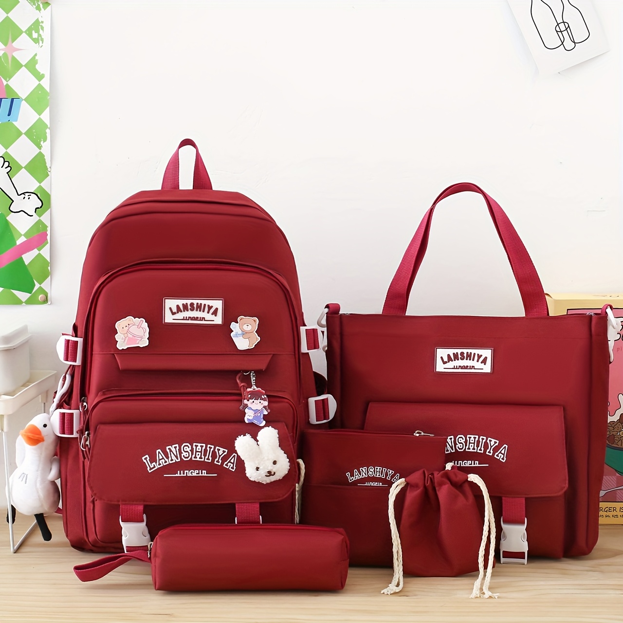 Juego de 5 mochilas sólidas, bolso cruzado grande con capacidad amplia, monedero sencillo, bandolera ligera para estudiantes, incluye llavero pato y 3 conejitos