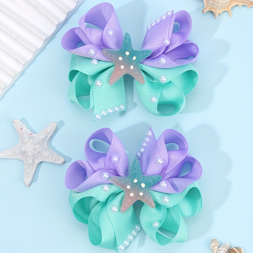 Image of 2pcs Sweet Starfish Hair Clips For Cute Grosgrain Ribbon Polyester Hair Bows With Pearls Decor Ocean Hair Additions For Perfect For Party Beach Holiday Wear