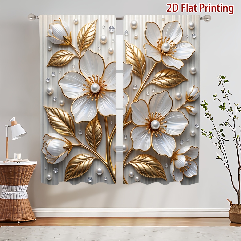 TEMU [ Product] 2pcs Curtain 3d Floral Pearl Print Curtains, Soft Light, Privacy Protection, Pocket Rod Installation Suitable For Living Room,