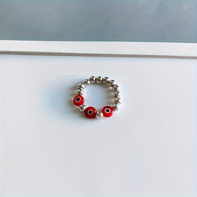 Evil Eye Protection Ring Stackable Adjustable Silvery Beaded Jewelry for Women
