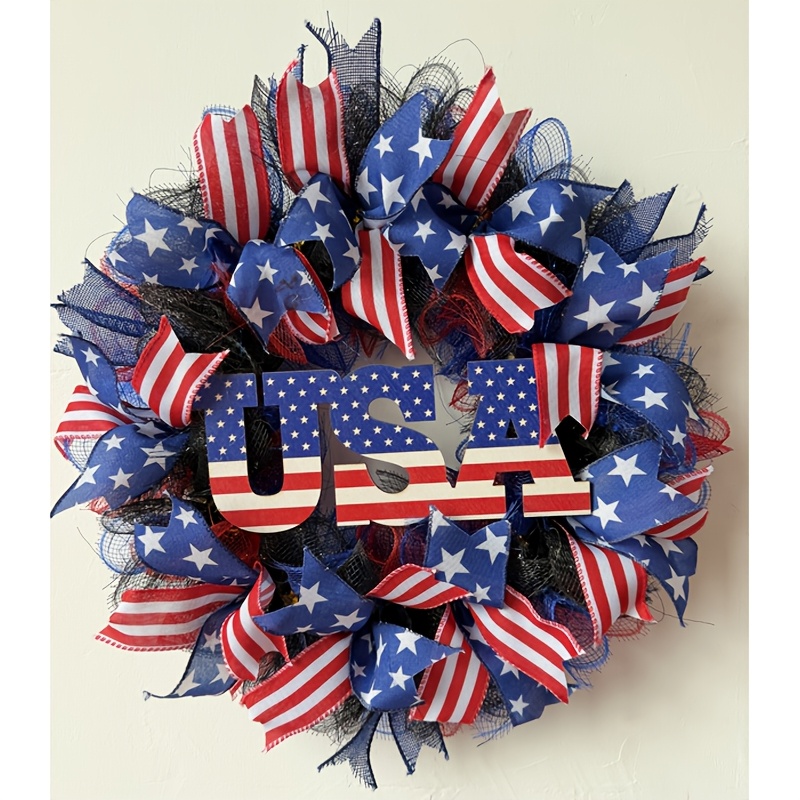 TEMU 17 Inch American Day Patriotic Wreath, Red White And Flag Stars And , Durable Plastic Front Door Wreath, Indoor And Outdoor Wall Decoration, Suitable For Day And Memorial Day Home And Table Decor