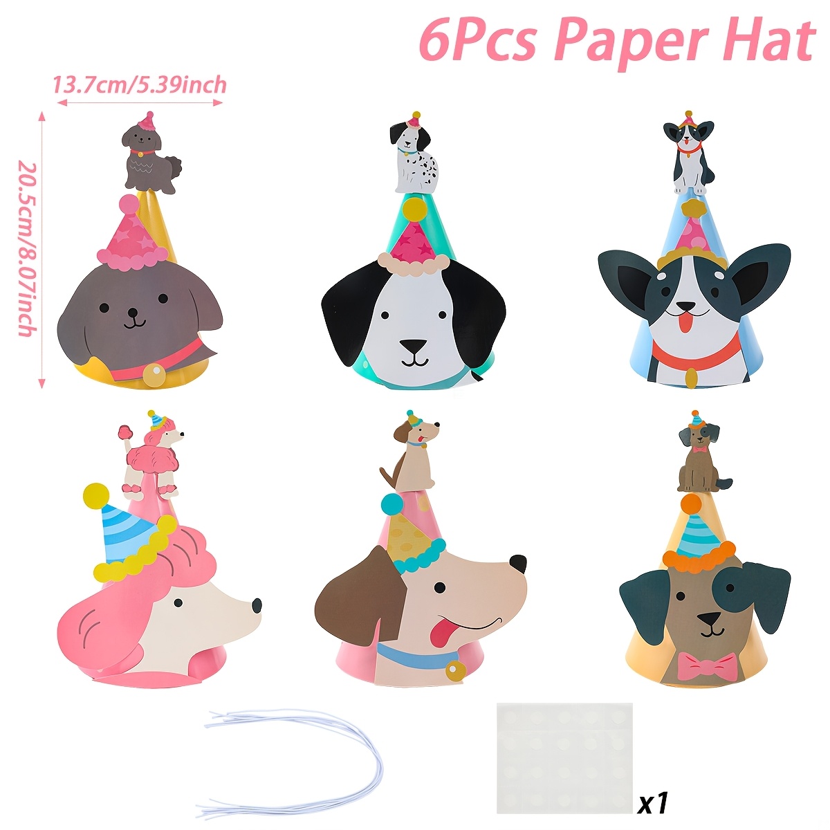 TEMU 6pcs, Party Headwear, Birthday Paper Hats, Birthday Cute Puppy Patch Mixed Party Hats (elastic Rope Included), Dog Theme Happy Birthday Party