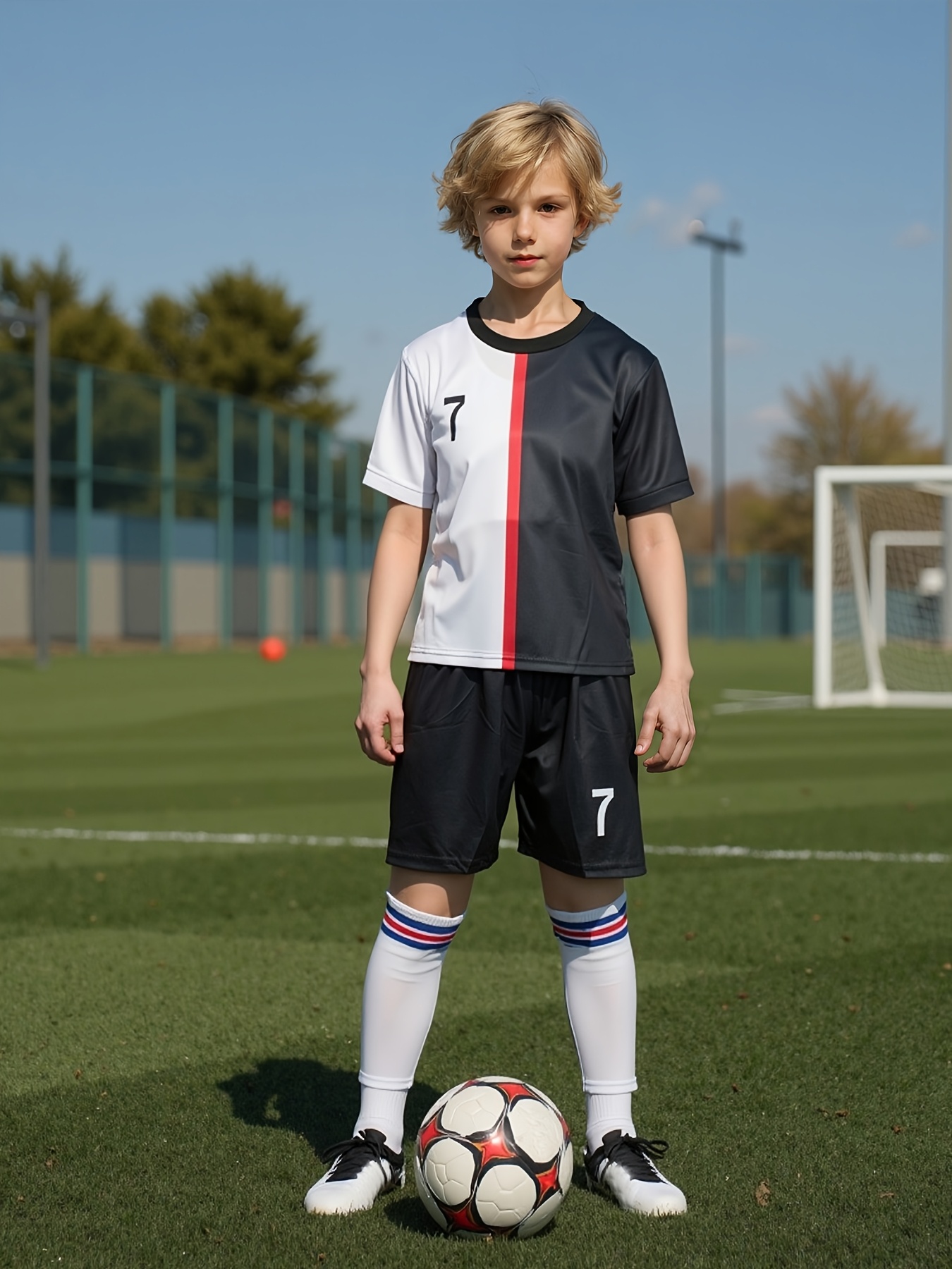 Boys' Black and 7# Soccer Jersey and Shorts Set, Polyester Stretch, Crew  Neck, Solid Color, Slightly Elastic Spring/Summer/Autumn Sports Outfit 