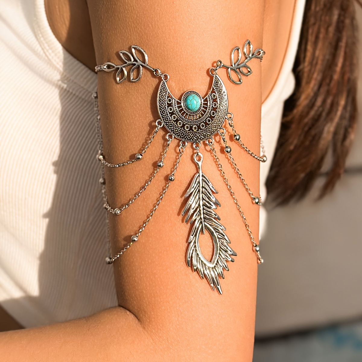 

1pc Bohemian Retro Style, Adjustable Metal Cuff Bracelet Match With Tassel And Turquoise Stone For Women, Vintage Boho Chic Armlet Jewelry For Vacation Accessory