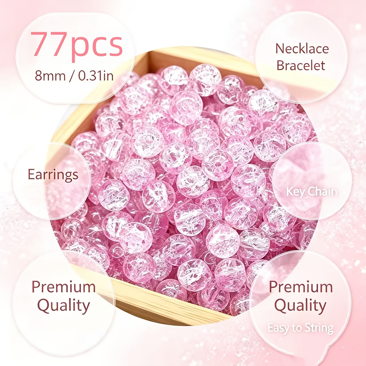 TEMU 77pcs Set Of Pink Crackle Glass Decorative Beads, Jewelry Diy Materials, Jewelry Diy Beading, Handmade Diy, Decorative Supplies, Used For