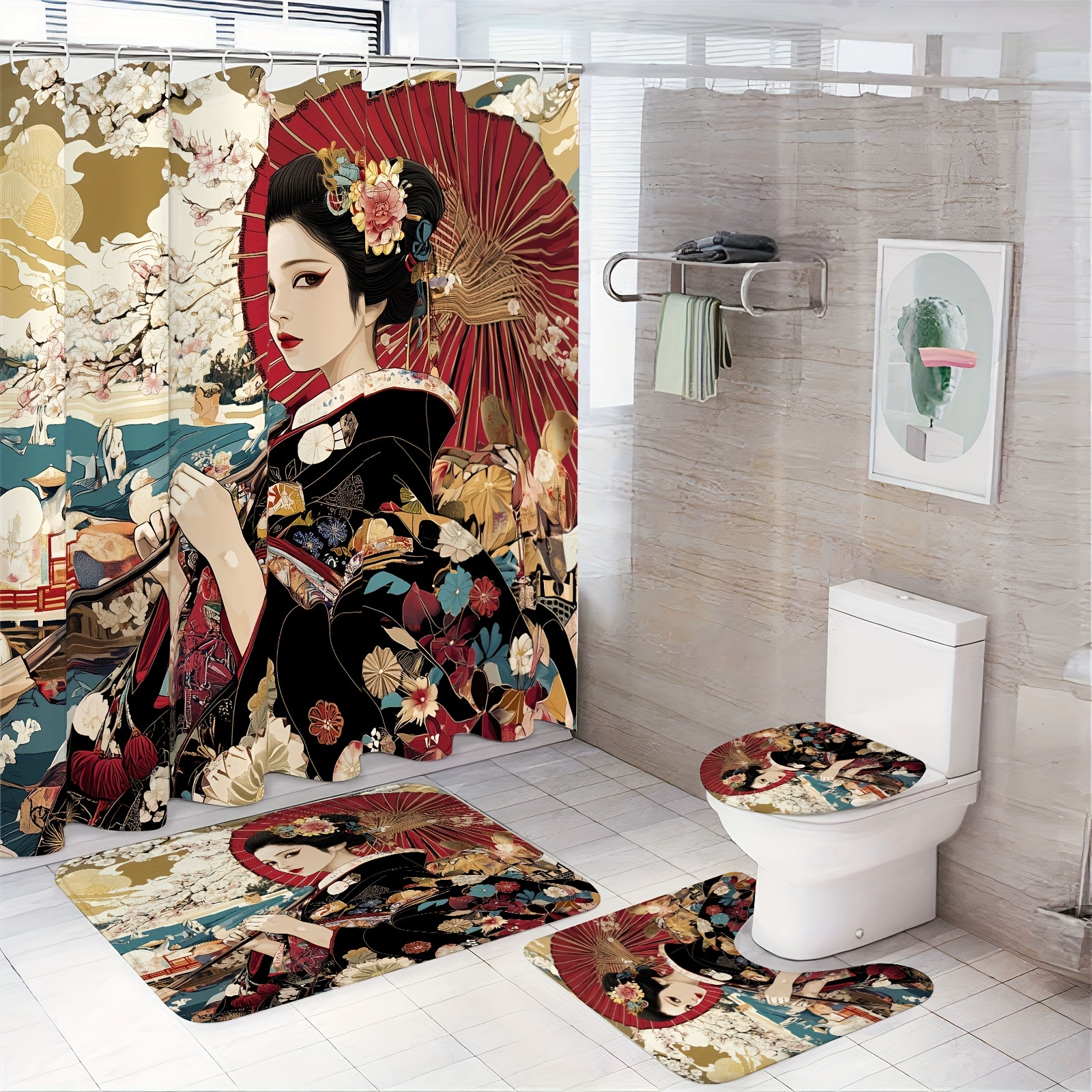 

Japanese Ukiyo-e Floating Shower Curtain Set With Rugs, Stain Resistant Knit Polyester, Machine Washable, Includes Eyelet Hooks, Arts-themed Bathroom Decor With Sakura And Motif