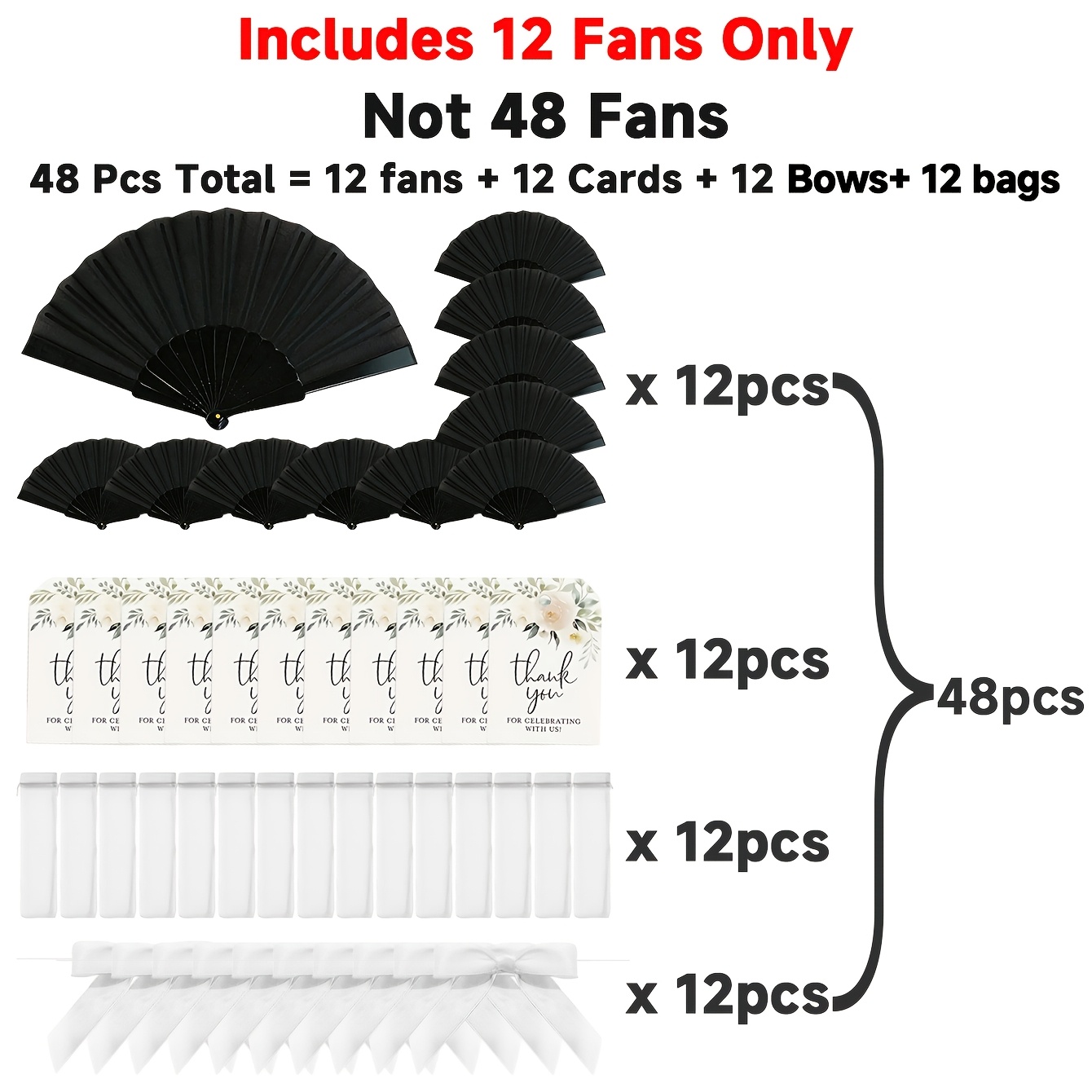 TEMU 48pcs Personalized Black Hand Fans Favors Set (12 Complete Gifts), Custom Text Folding Fans With Organza Bags, Thank You Cards And Bows For