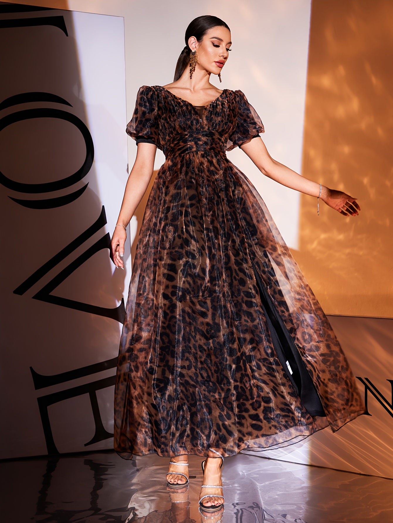 brown organza v neck puff sleeve large swing high slit - Temu Mauritius