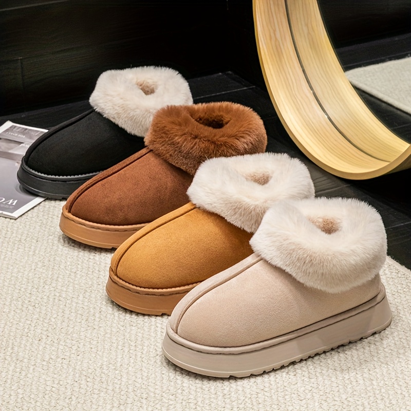 

Winter Fleece-lined Slippers, Unisex Sole Slip-on Snow Boots, Solid Color, Warm Plush Lining, With Anti-slip Eva Outsole, For Indoor/outdoor Shoes