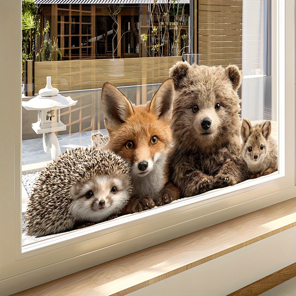 Image of Spring Forest Animal Window Stickers, Cute Hedgehogs, Foxes, And Rabbits Room Decoration Decals, Fresh Atmosphere, Cute Wild Animal Sticky Decorations, Easy To Stick And Tear