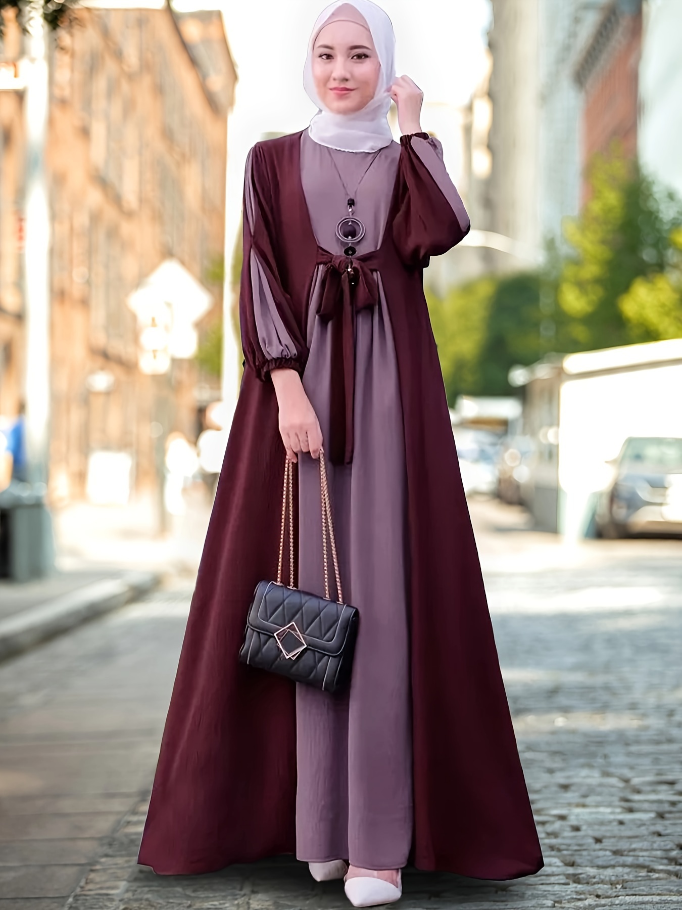 Middle Eastern Casual Long Dress Muslim Ramadan Color-Contrast Waistband  Tuck-in Headed Elegant Outing Dress Abaya (without Headscarf)