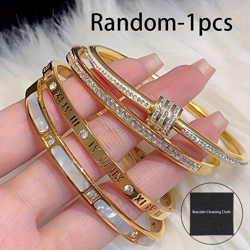 Image of 1pc Random Stainless Steel Bracelet - Elegant Golden Roman Design + 1 Free Cleaning Cloth | Unisex Accessory For Daily Wear & Parties, Perfect Gift For Birthdays & Anniversaries