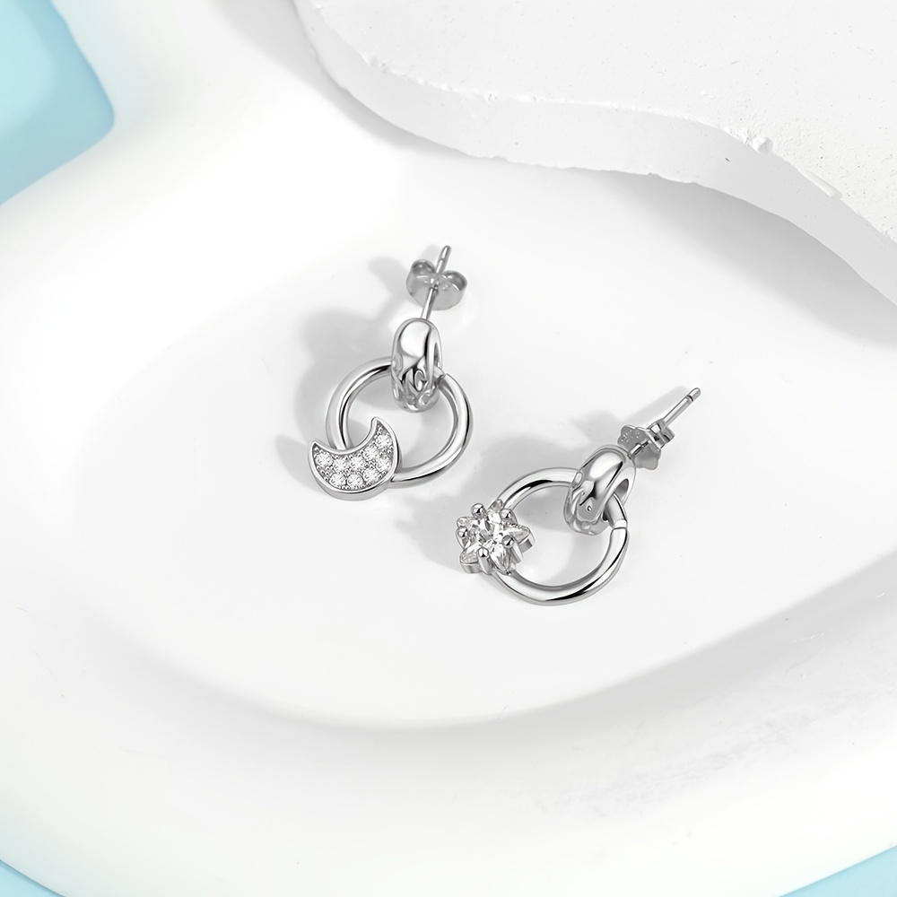 Women's Asymmetrical Star and Moon Stud Earrings, 925 Silver