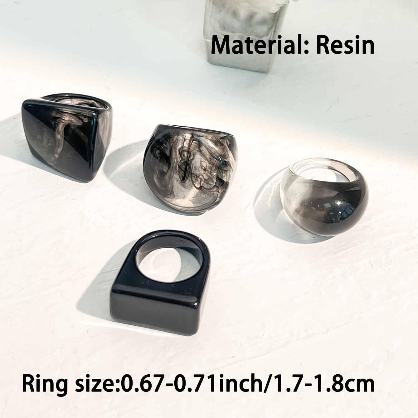 TEMU 4pcs Set Of Trendy Black Transparent Resin Rounded Arc Surface Decorative Rings For Women, Fashion Accessories With