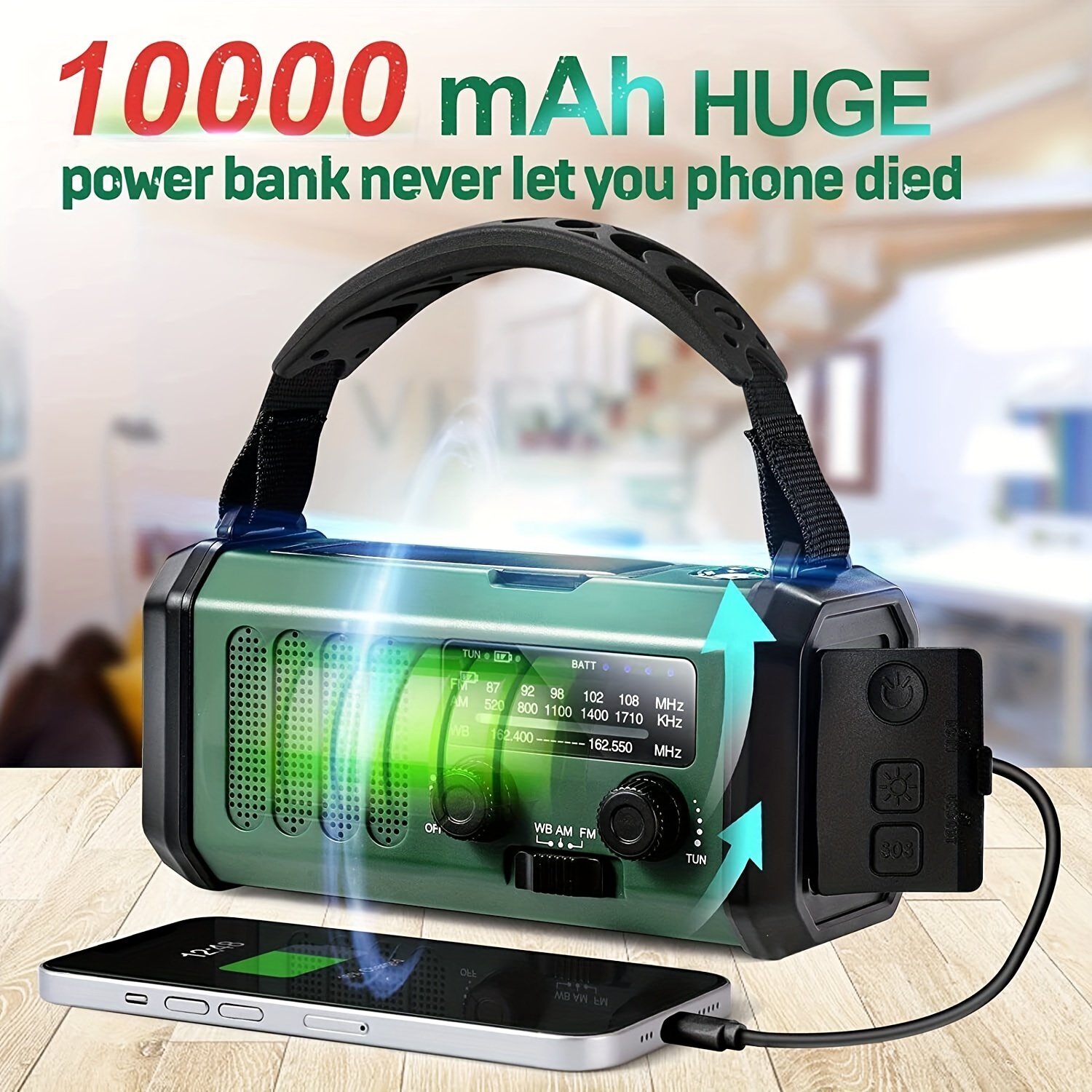 

10000mah Radio, Emergency Radio, Solar Radio, Noaa/am/fm Weather Radio, Usb Type-c Charging, Radio, Polymer Battery, Torch & Led Reading Light, Sos Alarm, Compass For Camping Green