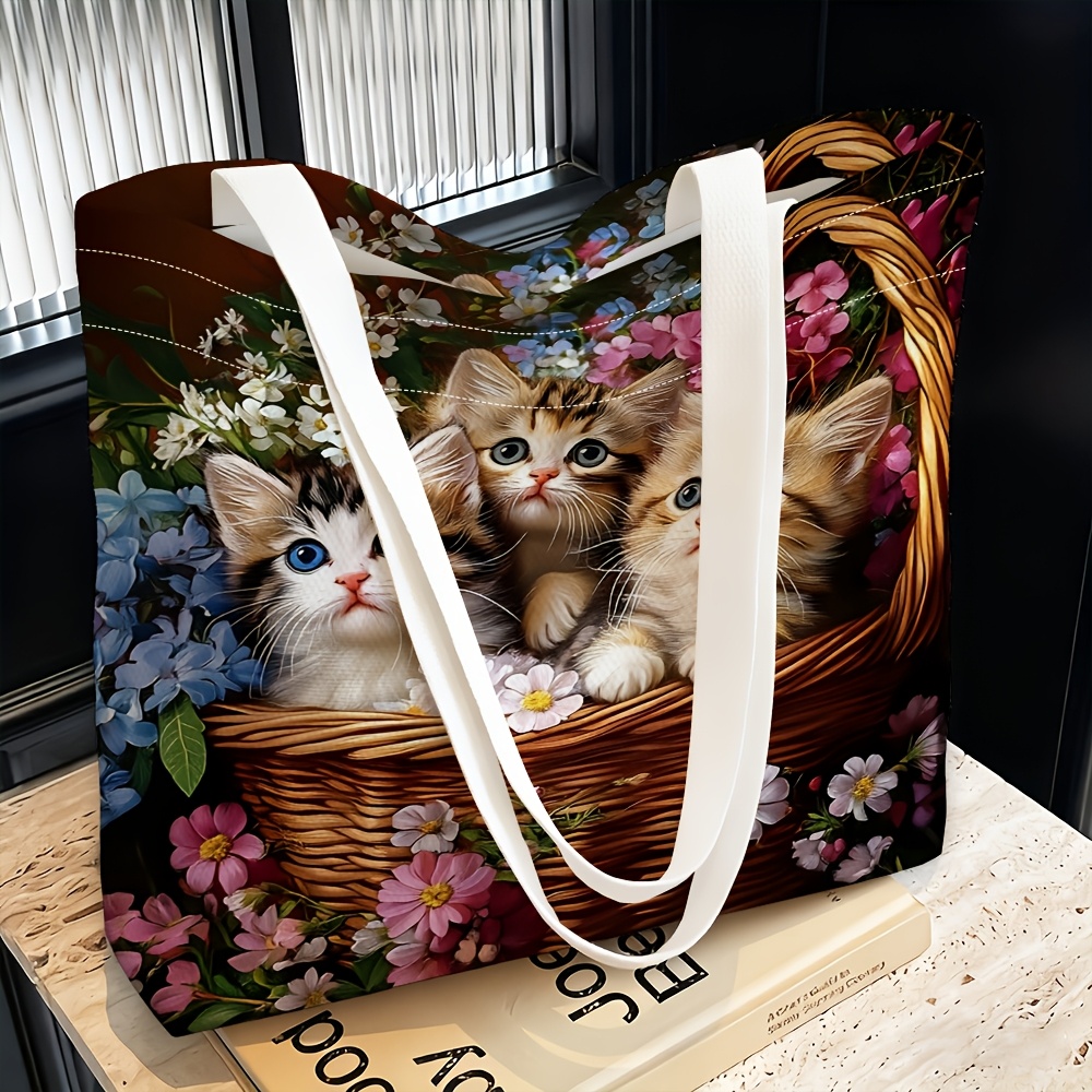 TEMU 1pc Women's Shoulder Bag With 3 Kittens In A Flower Basket Theme, Multi-functional And Versatile, Handbag, Clutch, Shoulder Bag, Travel