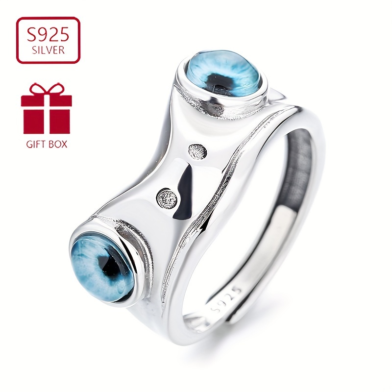 

An Antique Gothic Style 925 Pure Silvery Animal Frog-shaped Blue Eye Cuff Ring, A Hip-hop Fashion Ring Suitable For Men And Women, Suitable For Parties And