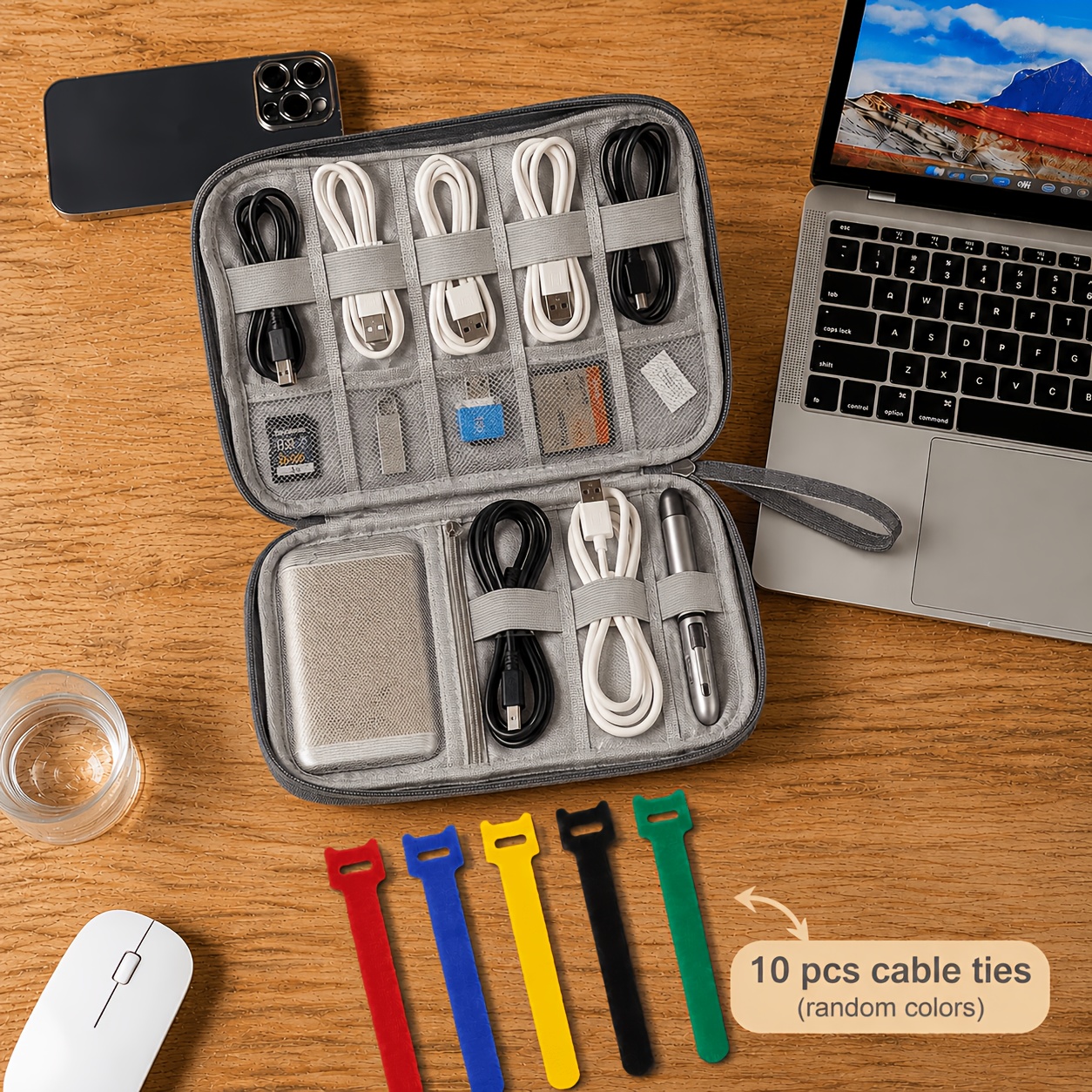 Travel Data Cable Storage Bag with 10pcs Reusable Cable Ties