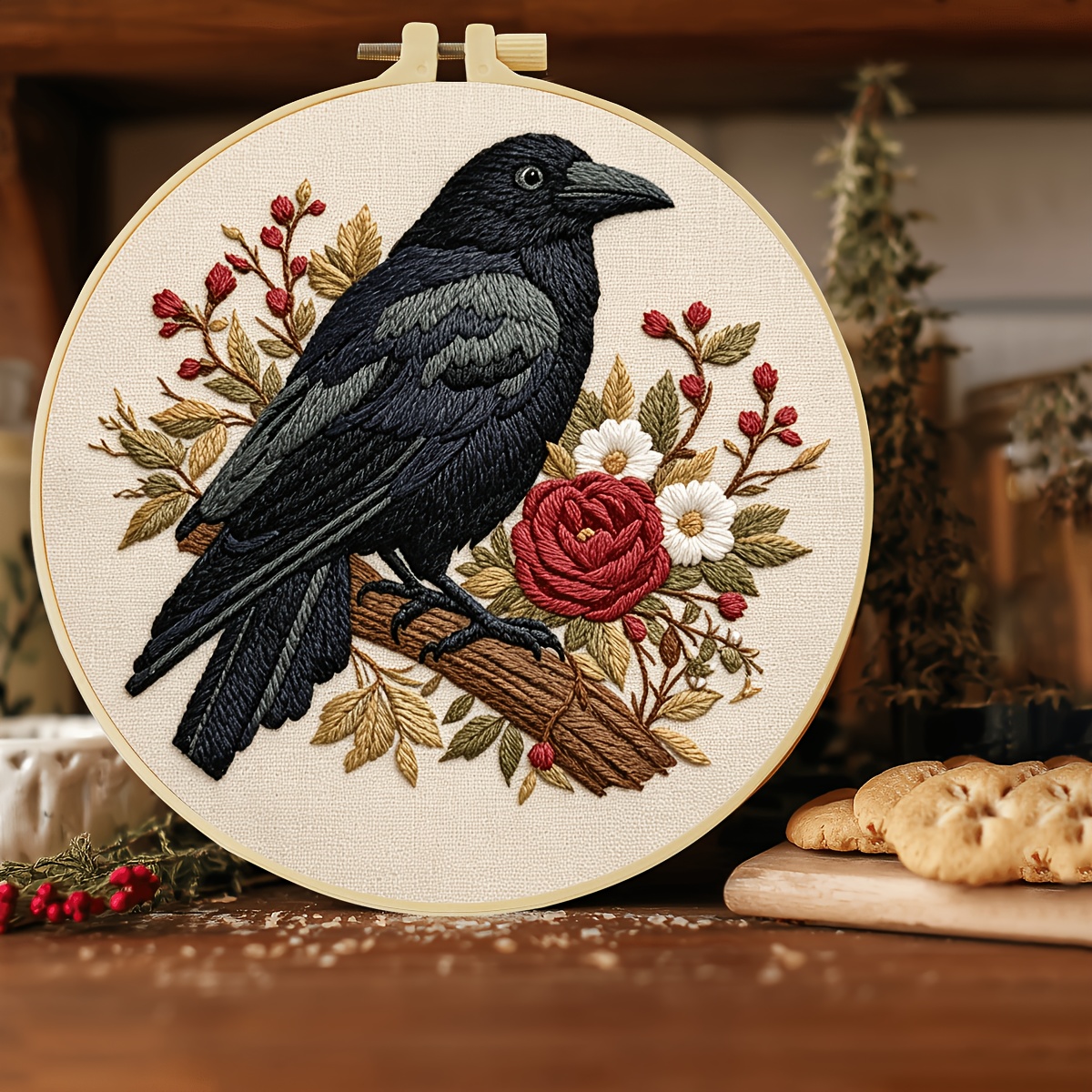 Complete Beginner Embroidery Kit with Black Crow Design