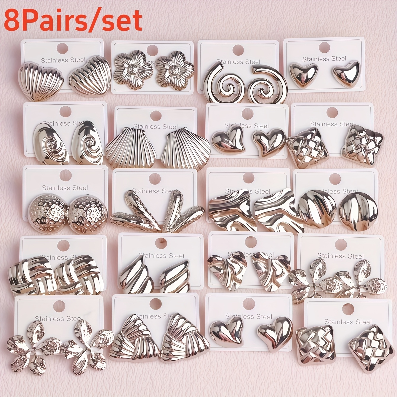 TEMU 8 de Aretes de Acero Inoxidable con Diseño de , Hoja y Flor de Moda , Joyería Personalizada, Duradera, de Tendencia, para Fiestas, Regalos