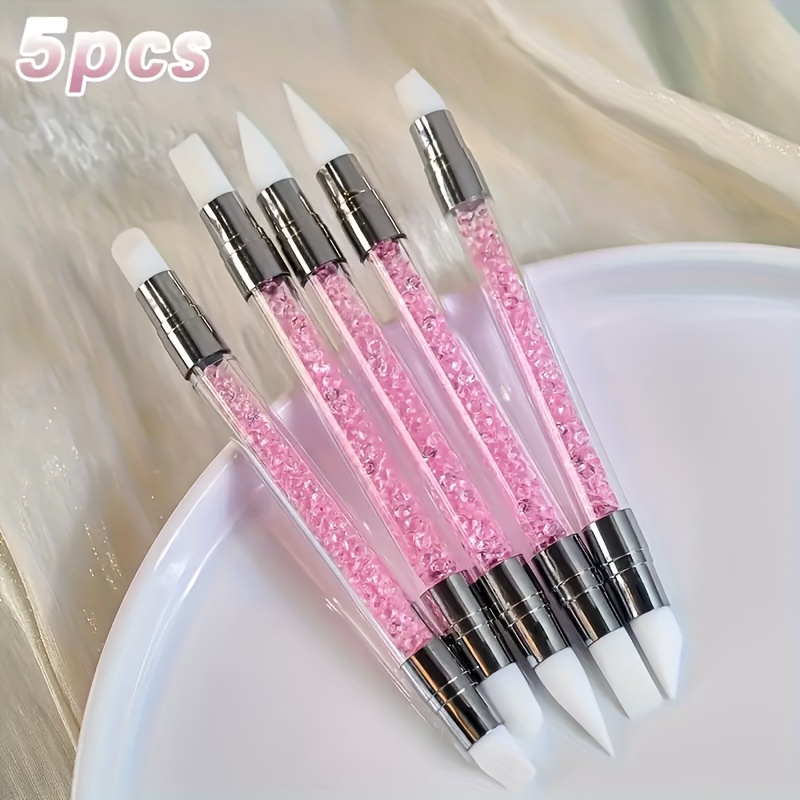 1/5pcs Pink Dual-ended Rhinestone Nail Art Pen 3d Flower Carving Manicure Brush Nail Dotting Pen