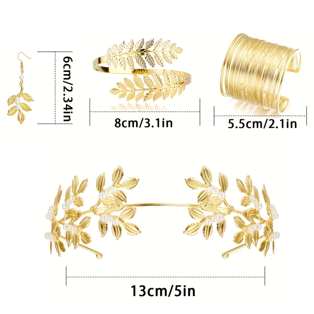 TEMU Parure de Bijoux Vintage Feuille Dorée 4 Pièces, Manchette de Bras Feuille Ajourée, Boucles d'Oreilles et Parure de Bracelets à Deux Styles,