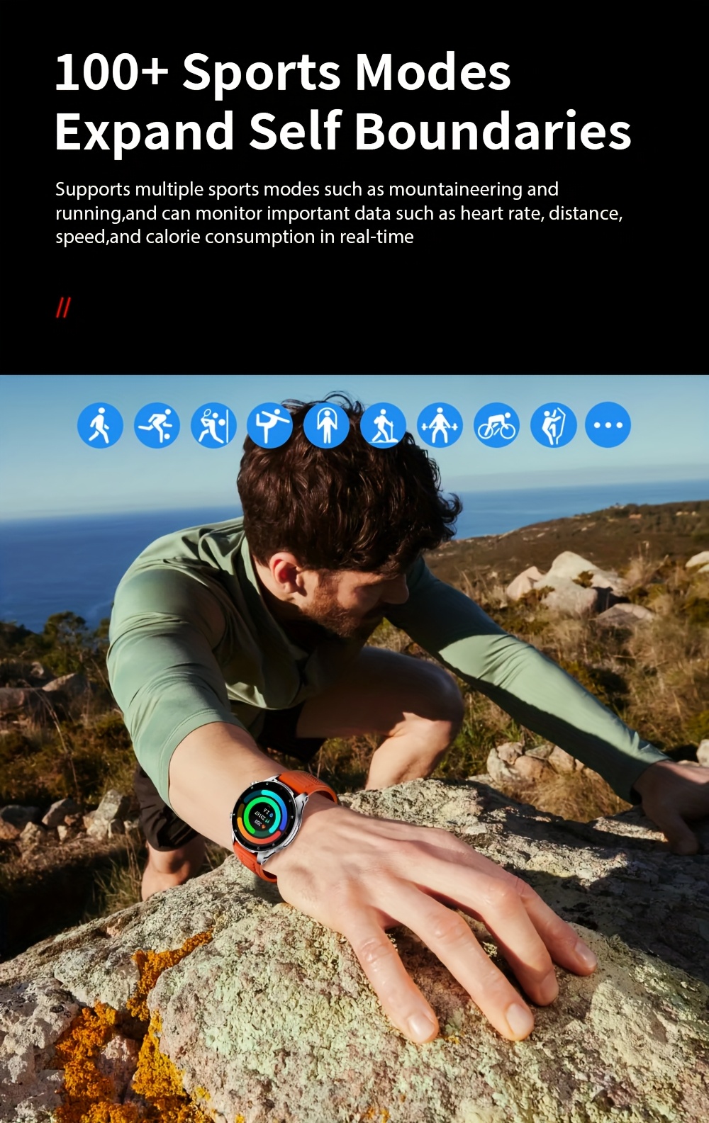 SUNKTA Montre intelligente de sport en plein air pour hommes avec écran tactile complet de 3,89 cm, lampe de poche à longue portée, appels sans fil, plus de 100 modes d'activité, alertes d'appels et de messages, batterie large de 290 mAh, montre de suivi de la condition physique pour hommes et femmes, compatible avec iPhone et Android