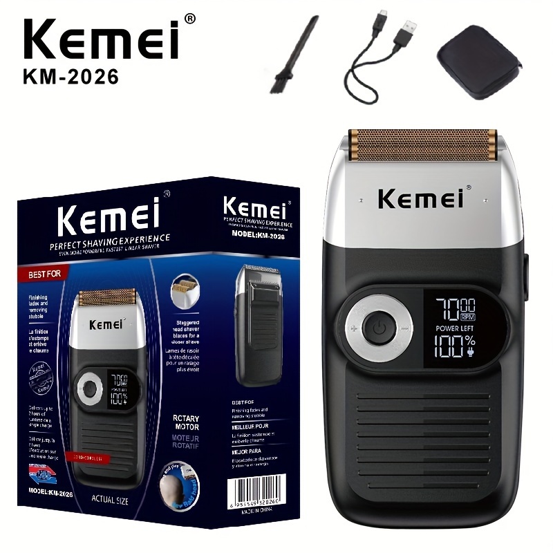 

Kemei Km-2026 Electric Men's Shaver With Lcd Display - Dual Reciprocating Blades, Usb Rechargeable, Stainless Steel, Long