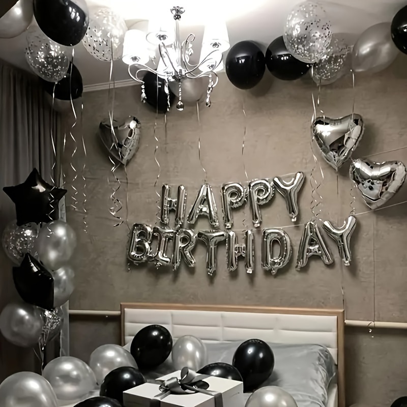 

Big Birthday Balloons With Silver Letters, -shaped Balloons, And 60 Black/silver Latex Balloons - Romantic Birthday Party Decoration