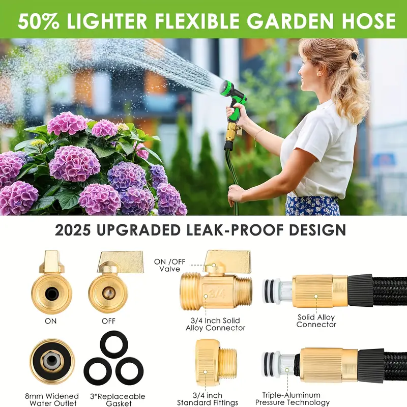 50 garden hose with 10 functional nozzles with hooks and storage bags flexible and durable lightweight and non knotting puncture resistant hose suitable for 50 rubber water hose in yards lawns outdoors and camping vehicles Product details 4