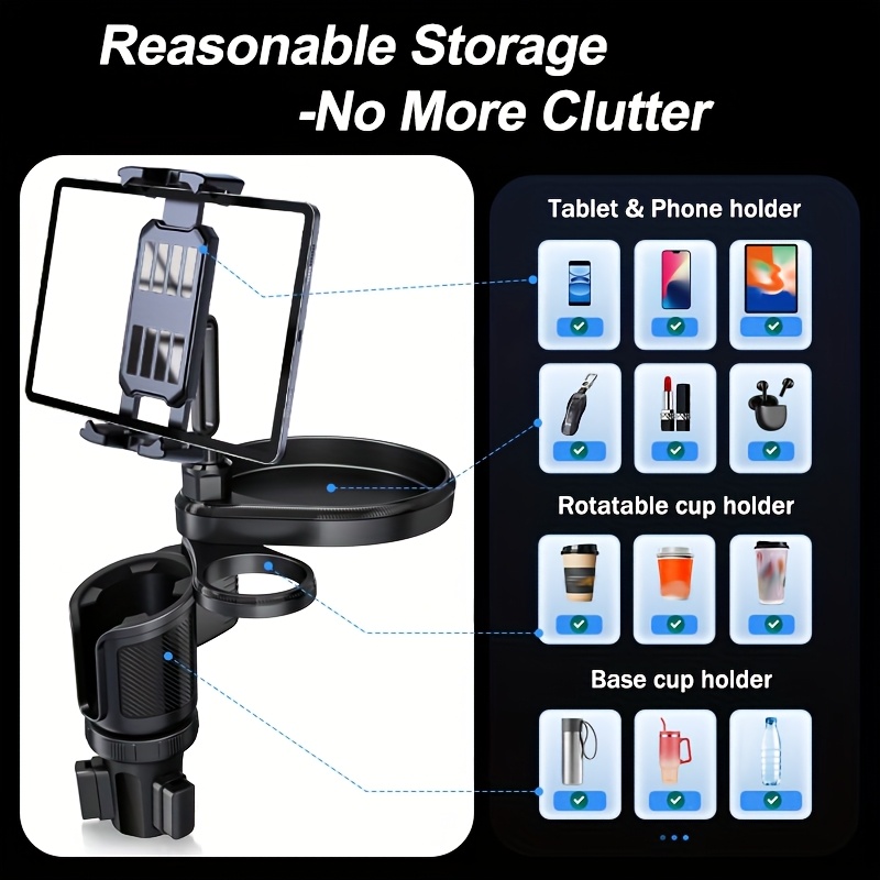 Image of 4-in-1 Car Meal Tray Tablet And Phone Holder, Large Water Bottle Capacity, Fits Most Round Car Cup Holders, 4-14 Inch Tablets And Phones