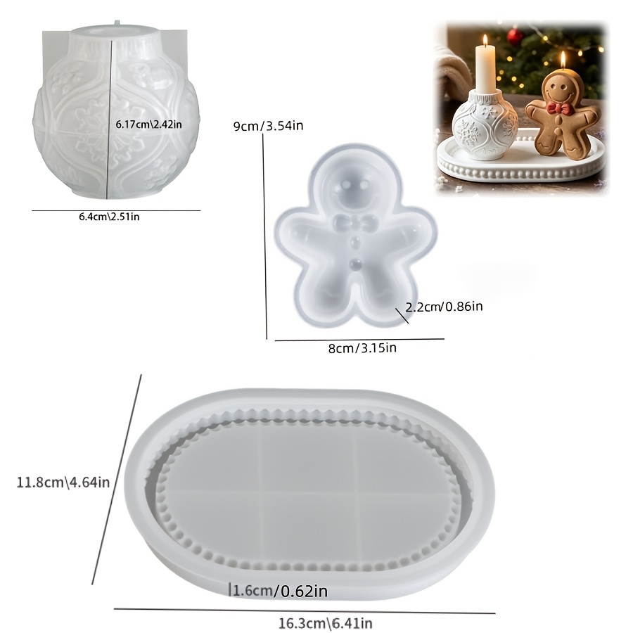 TEMU Moule en silicone résine 3pcs Boule de Noël, chandelier et homme de d'épices et ensemble de plateau à perles, moule de décoration adapté à la