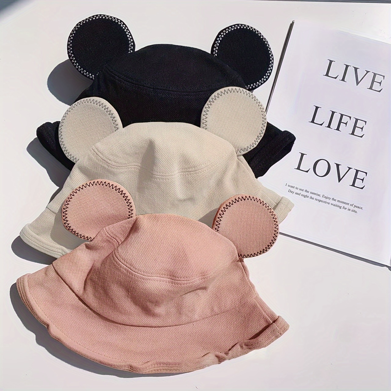 

Cartoon Mouse Ears Breathable Linen Bucket Hat - Cute & Fashionable Cap In Black, White, , Pink | Hand-washable For Casual Wear, , Casual Headwear| Design|soft Texture