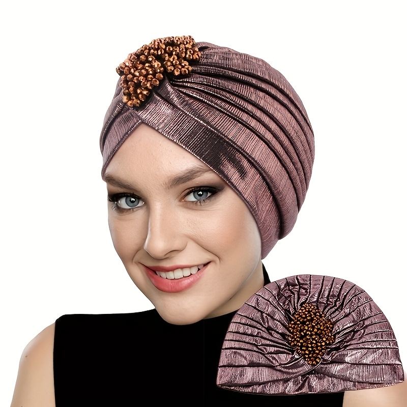 TEMU Gorro de pañuelo plisado diamantes dorados, sombrero indio dorado con hojas de oro, turbante árabe, pañuelo de cobertura total