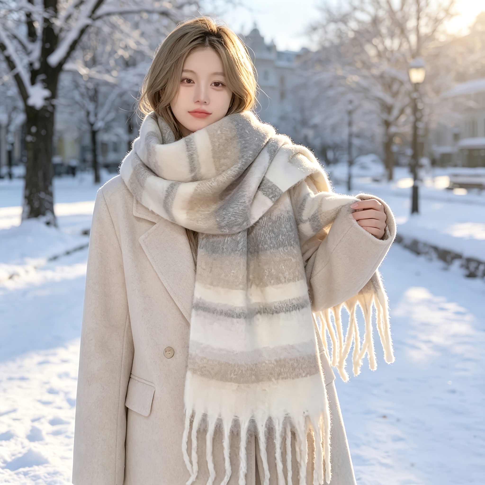 TEMU Couple's Comfortable And Warm Striped Thick Scarf- Autumn And Design, Versatile For Outdoor Wear, Cute And Elegant