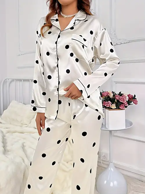 Soft Comfy Satin Polka Dots Pajama Set Long Sleeve Blouse - Temu