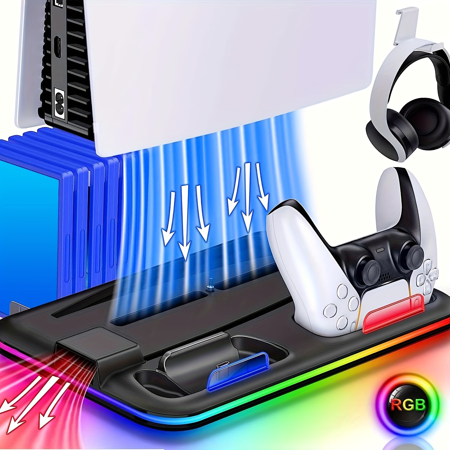 

For Ps5 Stand Cooling Station With Dual Ps5 Controller Charging Station, Ps5 Stand And Turbo Cooling Station, 3 Levels Cooling Fan, Rgb Led, 6 Game Slots, Headset Holder For /disc