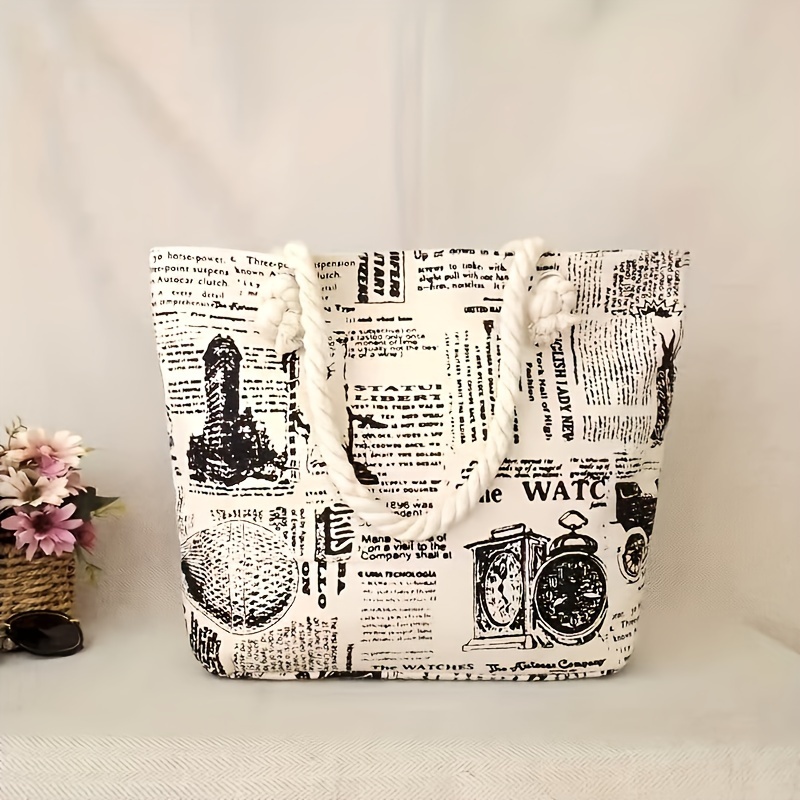 

Vintage Canvas Tote Bag, Fashionable Double-sided Print, Casual Shopping Bag, Women's Commuter Handbag, With Zippered Inner Pocket, Durable Material