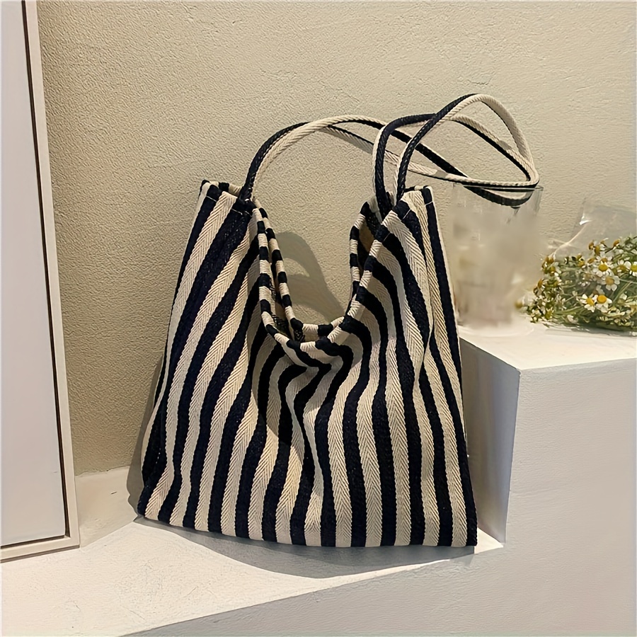 

Striped Tote Bag, Vintage Artistic Shoulder Bag, Simple Casual Fashion, Large Capacity Shopping Bag