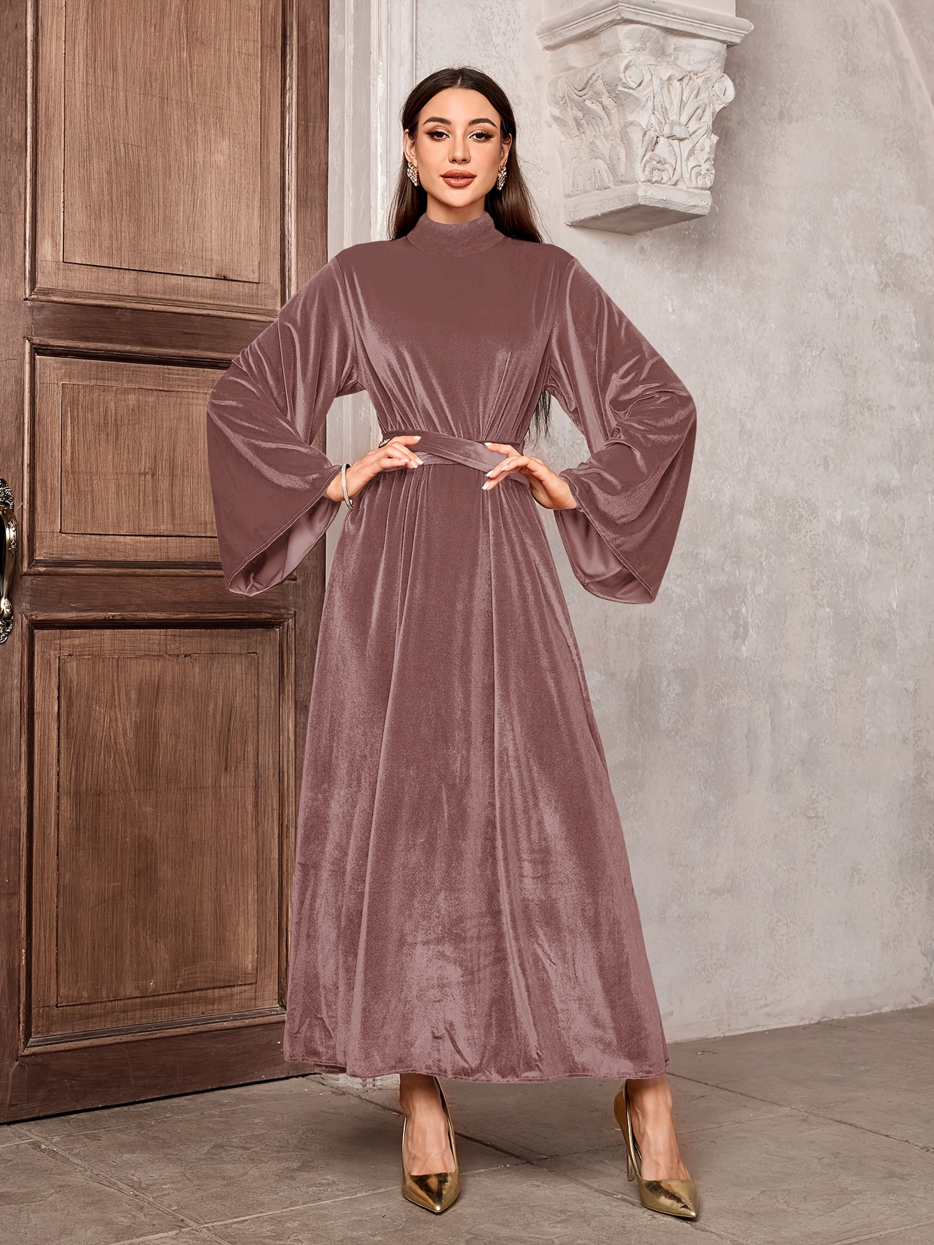 a velvet dress bell sleeves a belt a zipper cover saudi - Temu Germany