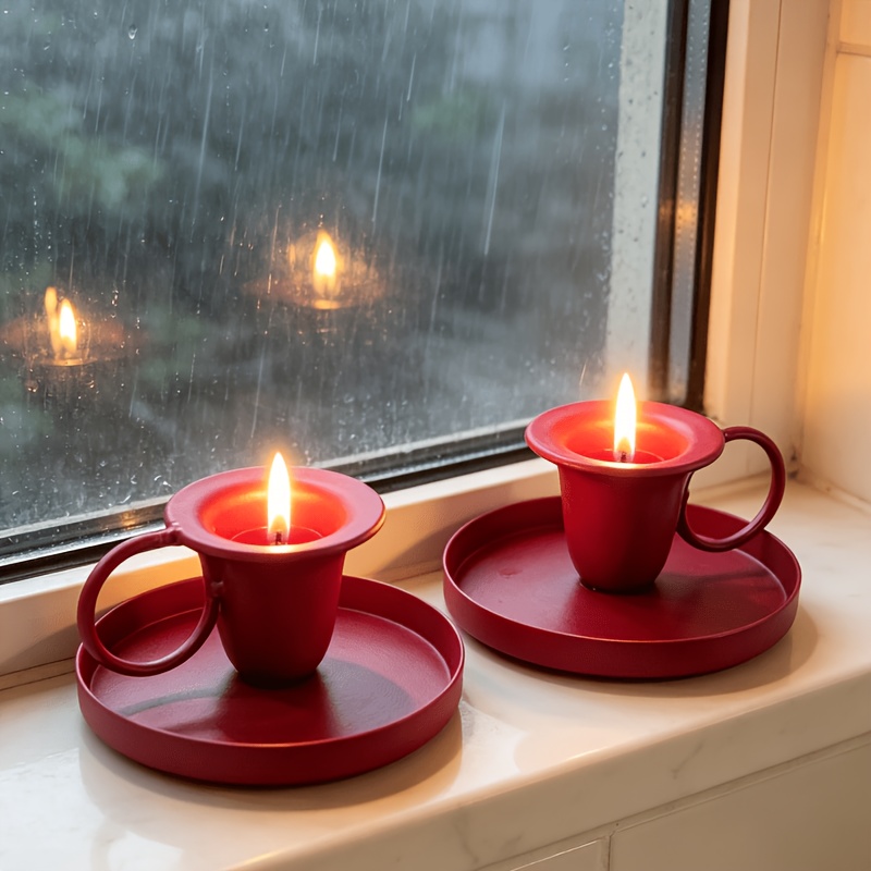 TEMU Candle Holder With Round Tray Base, Vintage Style Chamberstick Candle Stand With Ring Handle, Decorative Candlestick Holder For Dining Table,